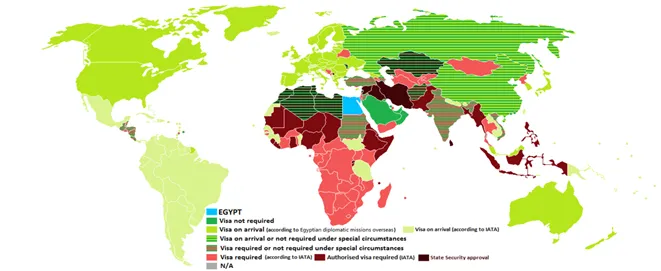 World map showing Egypt visa requirements for international travelers.