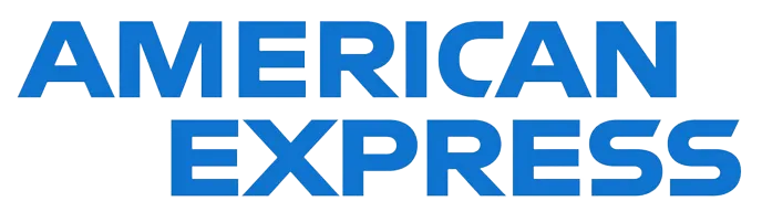 American Express logo in blue text on a black background footer.