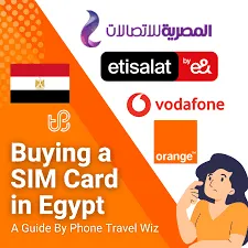 Egyptian SIM card guide featuring logos for WE, Vodafone, Etisalat, and Orange.