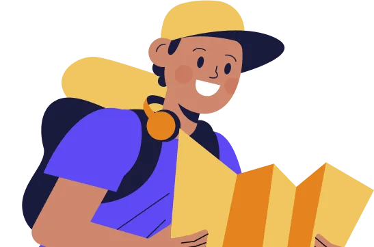 Cheerful traveler with map and backpack, ready for adventure.