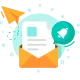 Flat design illustration of digital communication: orange envelope, notification bell, and paper airplane.