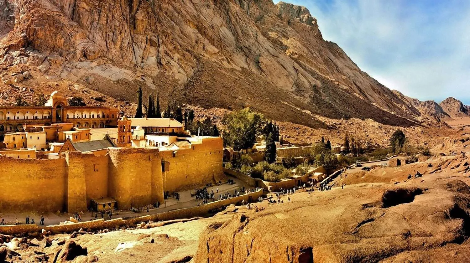 Saint Catherine's Monastery at base of Mount Sinai, historic desert tour site.