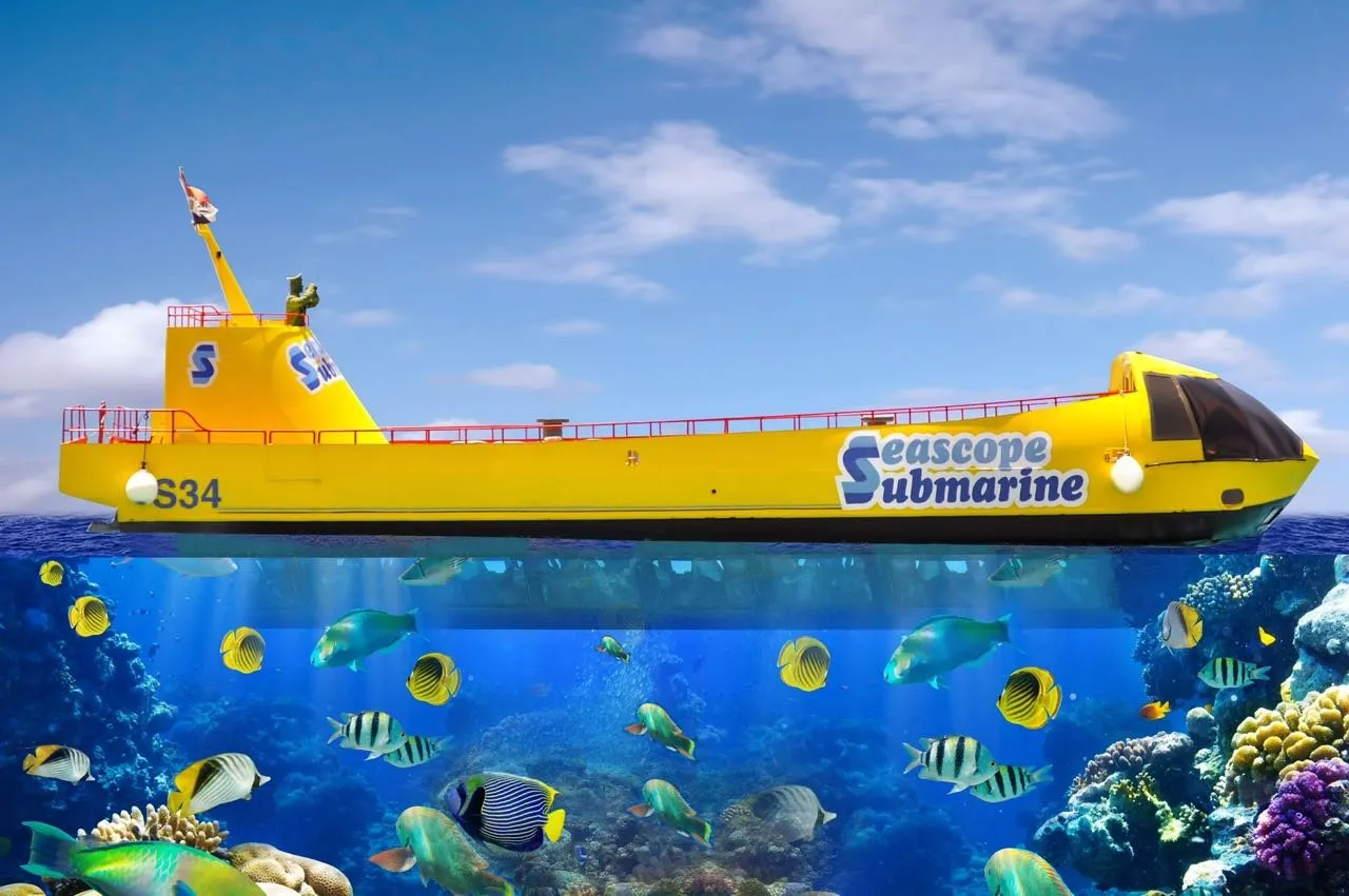 Seascope semi-submarine viewing vibrant Red Sea coral reef and tropical fish.