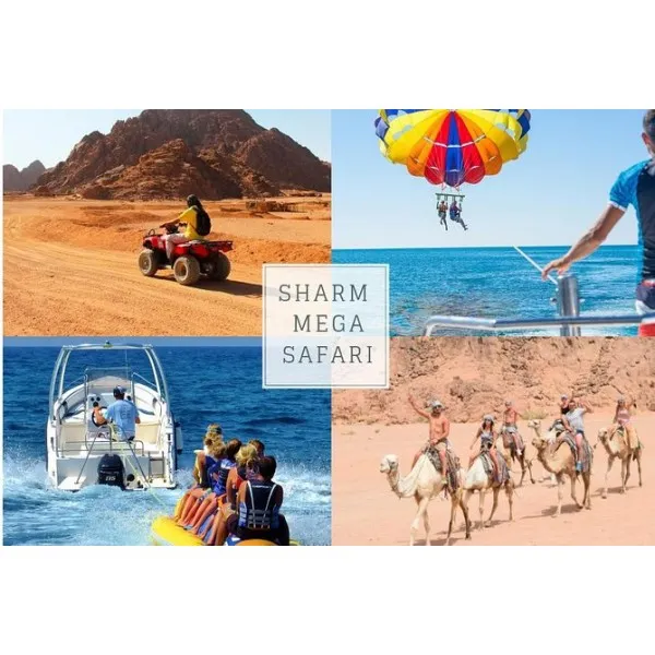 Sharm Mega Safari collage: Quad biking, parasailing, speedboat, and camel riding adventures.