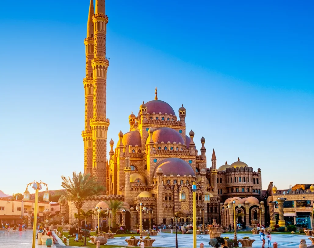 Majestic Al Sahaba Mosque in Sharm El Sheikh during golden hour, tourist highlight.